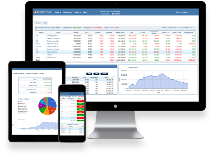 EquityStat's stock portfolio tracker can be used on any device with a web browser including desktop, tablet and mobile.