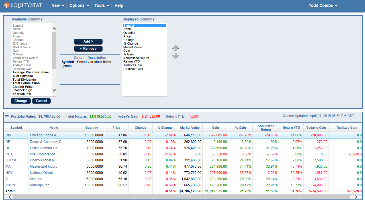 Change Performance Metrics in EquityStat's Investment Portfolio Manager