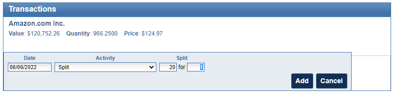 Add a split transaction in EquityStat's investment portfolio tracker.