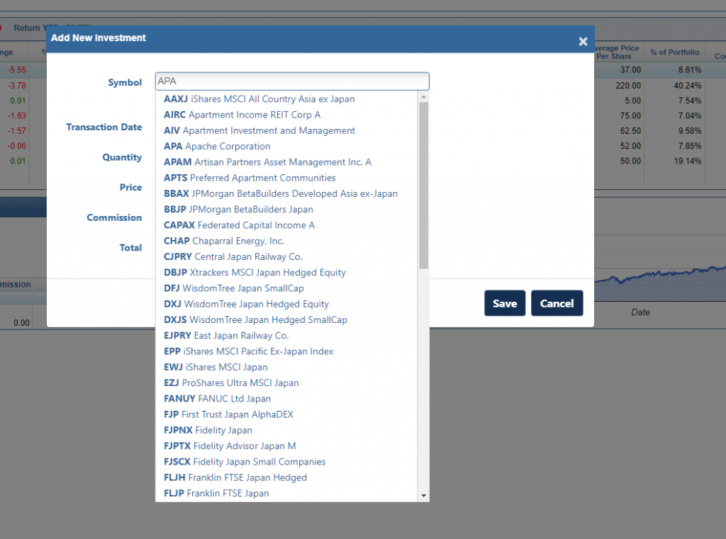 Lookup a symbol when adding a new investment to your EquityStat stock portfolio.